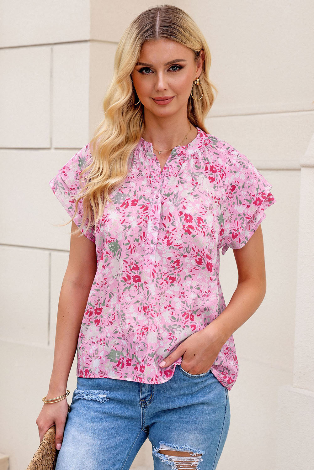 Roze bloemen mandarijn kraag top