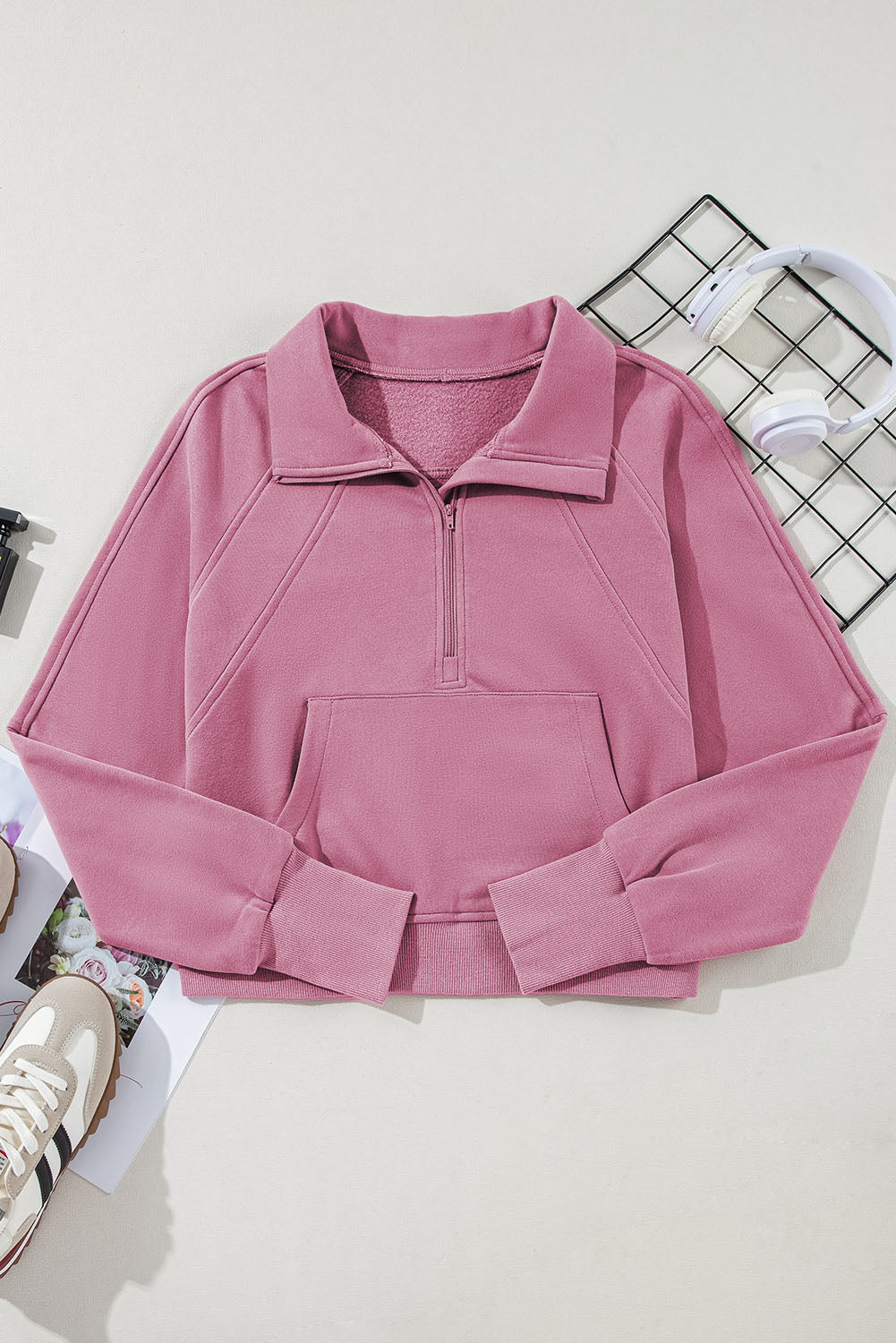 Smoke Green Fleece Lined Zip Up Stand Collar Thumbhole Sleeve Sweatshirt