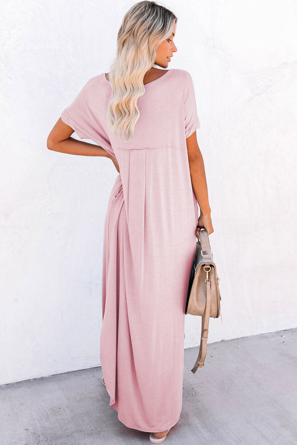 Roze maxi-T-shirtjurk met V-hals en verborgen zaksplitten