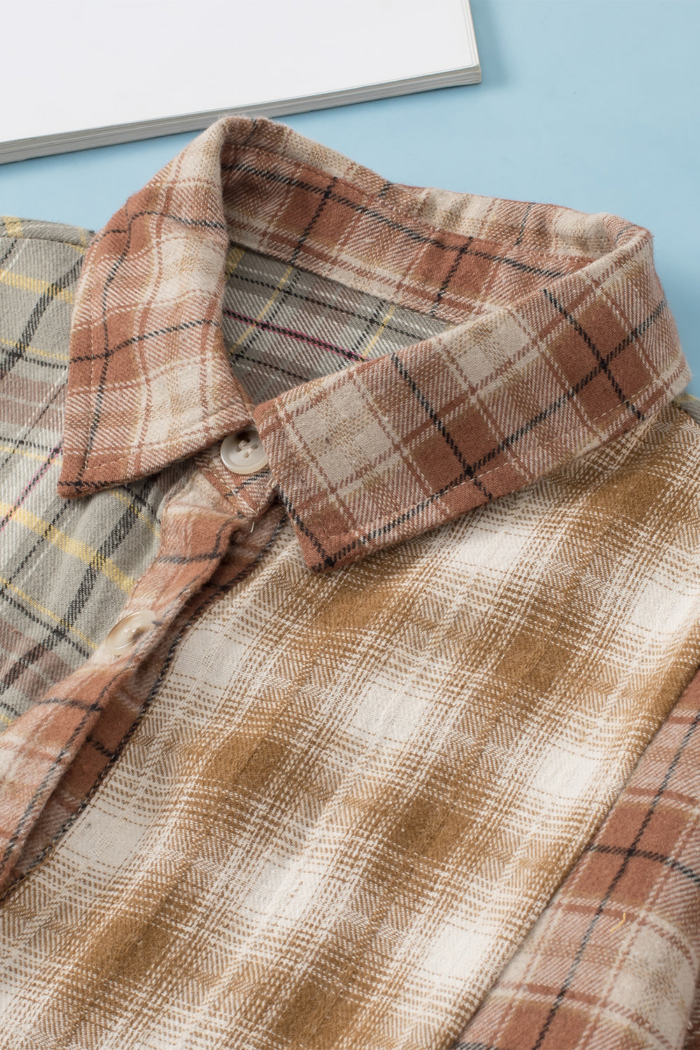 Bruin multi-geruit casual overhemd met ruwe rand en patchwork