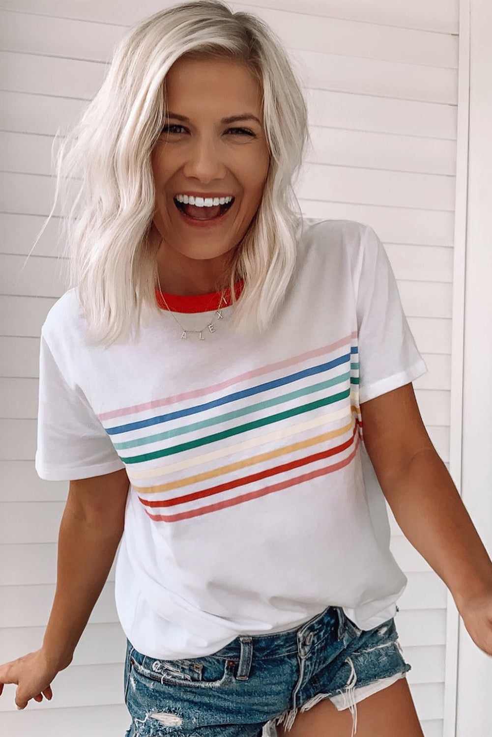 Witte regenboogstreep print contrast crewneck t -shirt