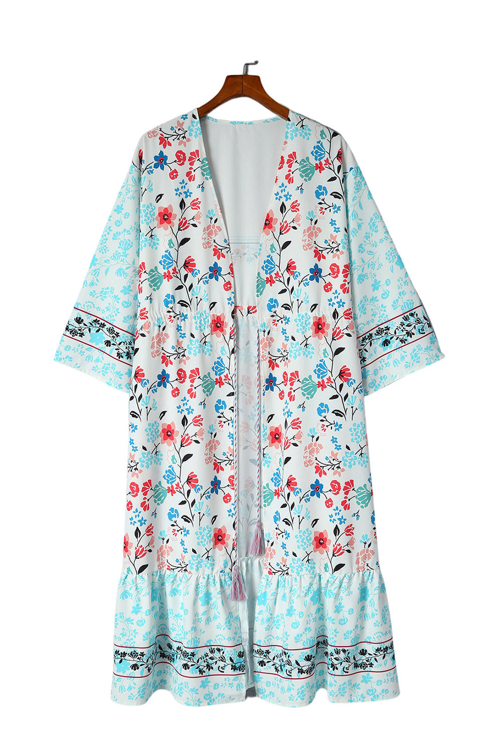 Veelkleurige kimono met lange mouwen en kwastjes