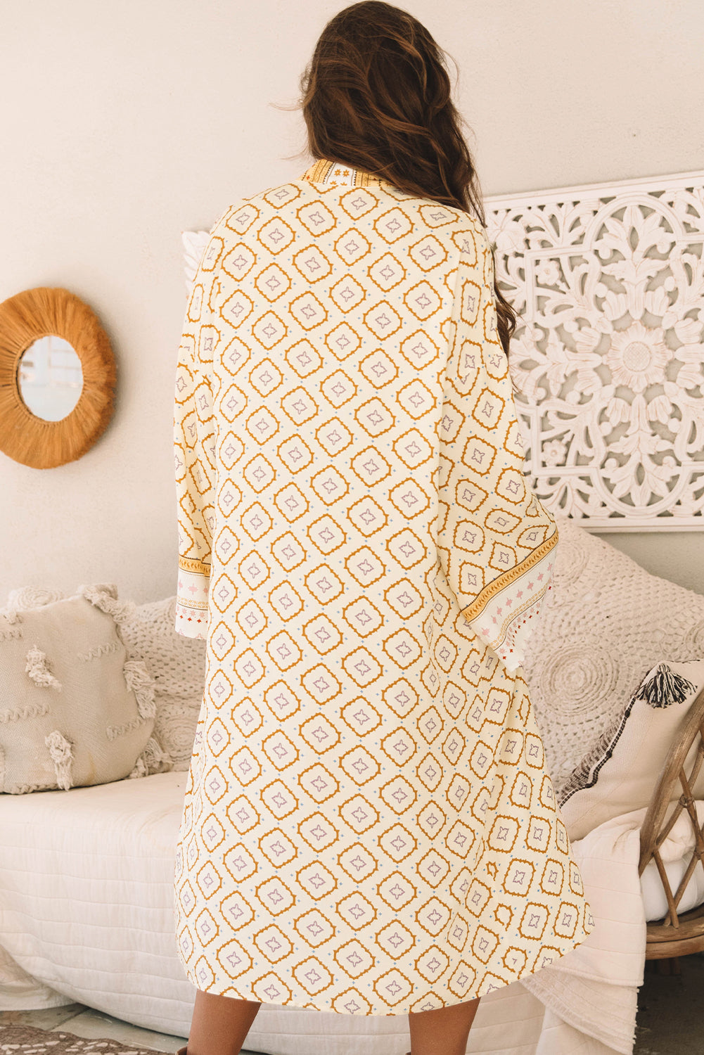 Gele Boheemse geometrische geprinte losse mouw lange kimono