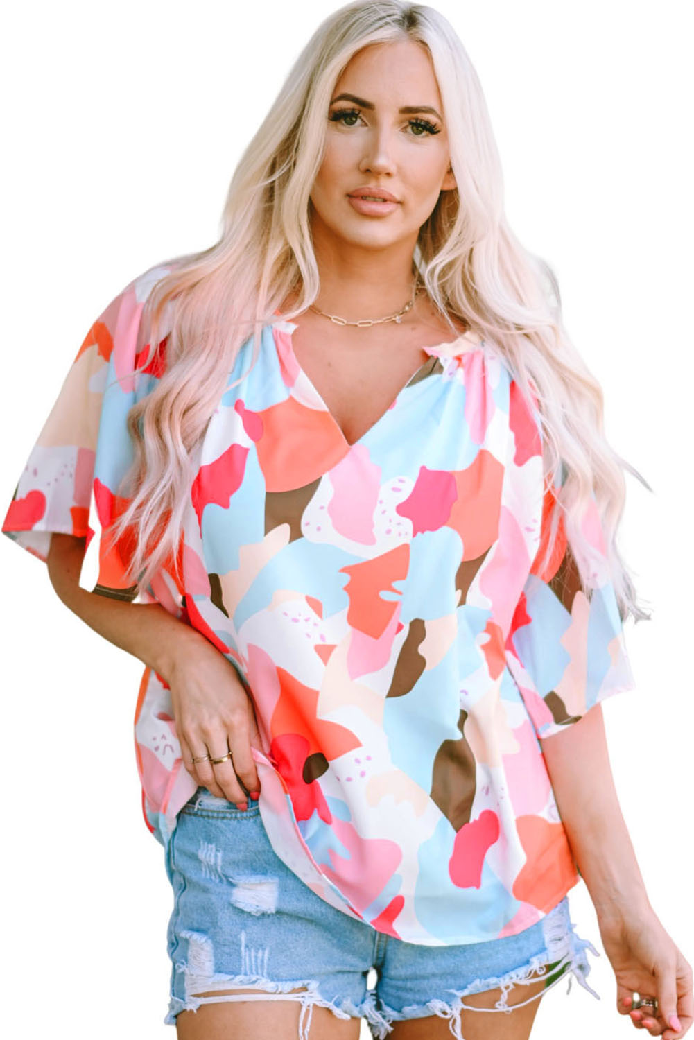 Blouse met veelkleurige bloemenprint, V-hals en halve mouw