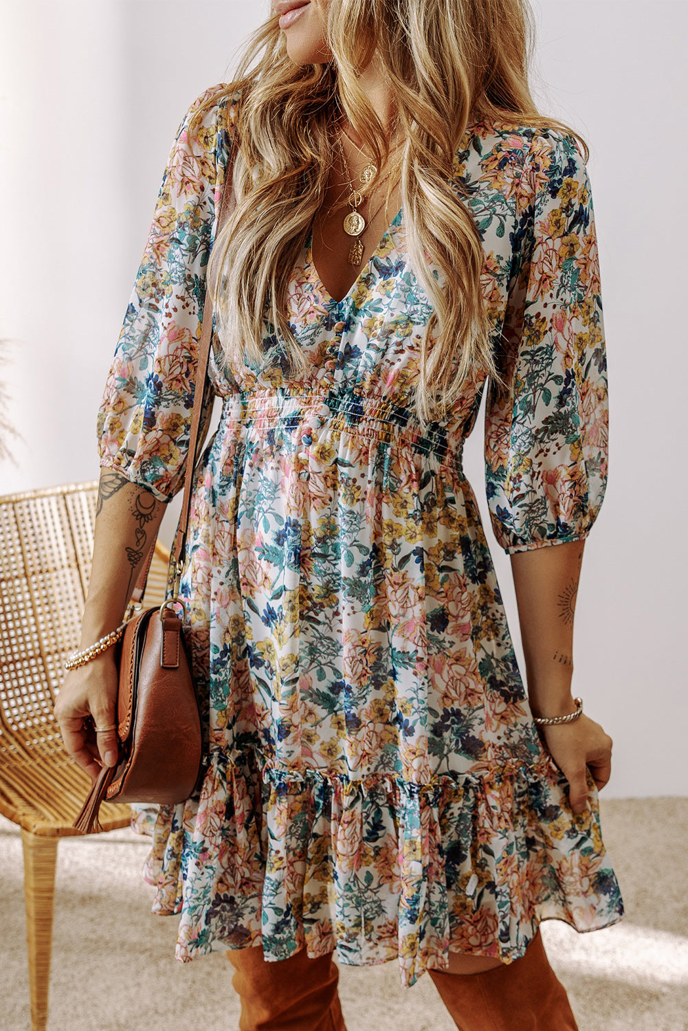 Sky Blue Floral 3/4 Sleeve V Neck High Taille Ruffled Dress