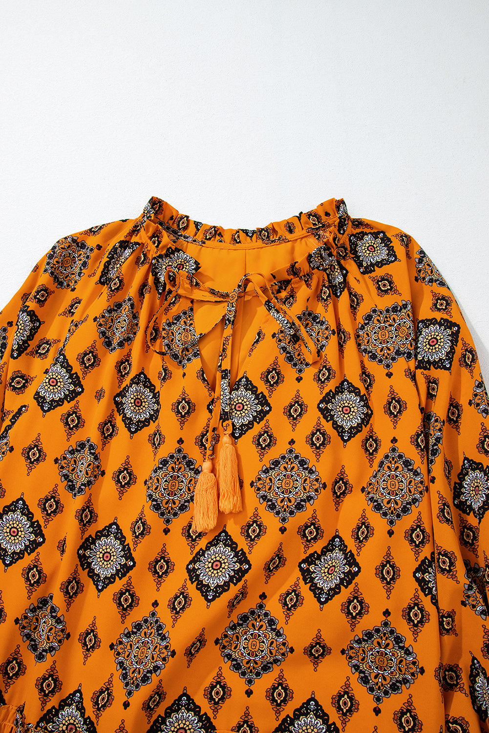 Oranje westerse geometrische print gelaagde frisdress los fit midi -jurk