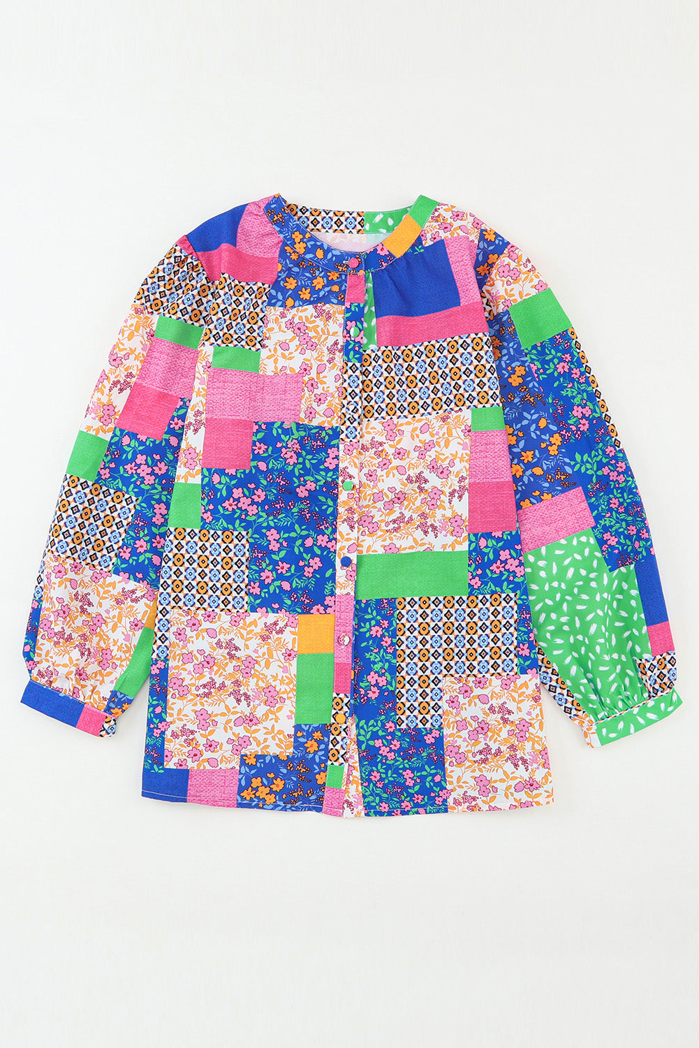 Overhemd met veelkleurige bloemen en patchwork-print en pofmouwen met knopen