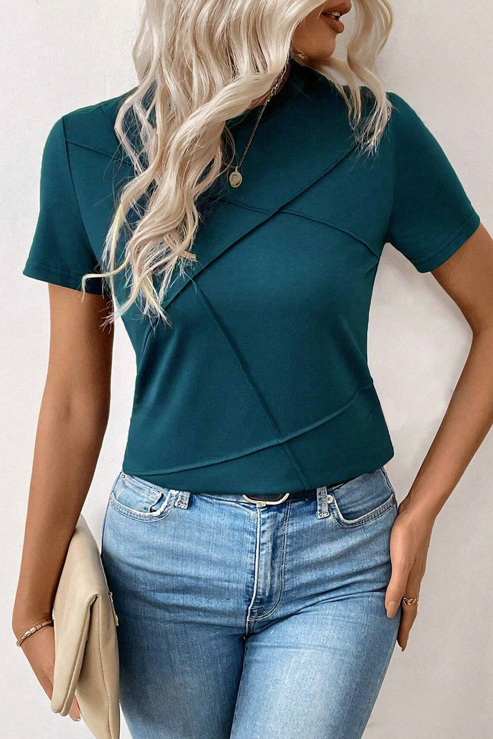 Blauwe saffier massief kleur tandenstoker streep ronde nek t -shirt