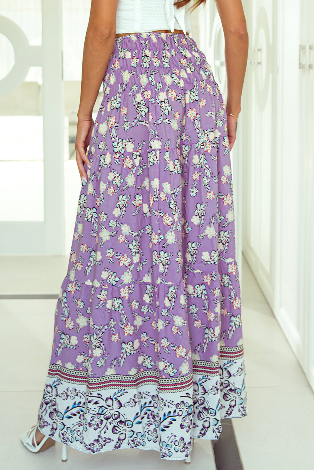 Paarse bloemenprint gesmokte maxi-rok met hoge taille
