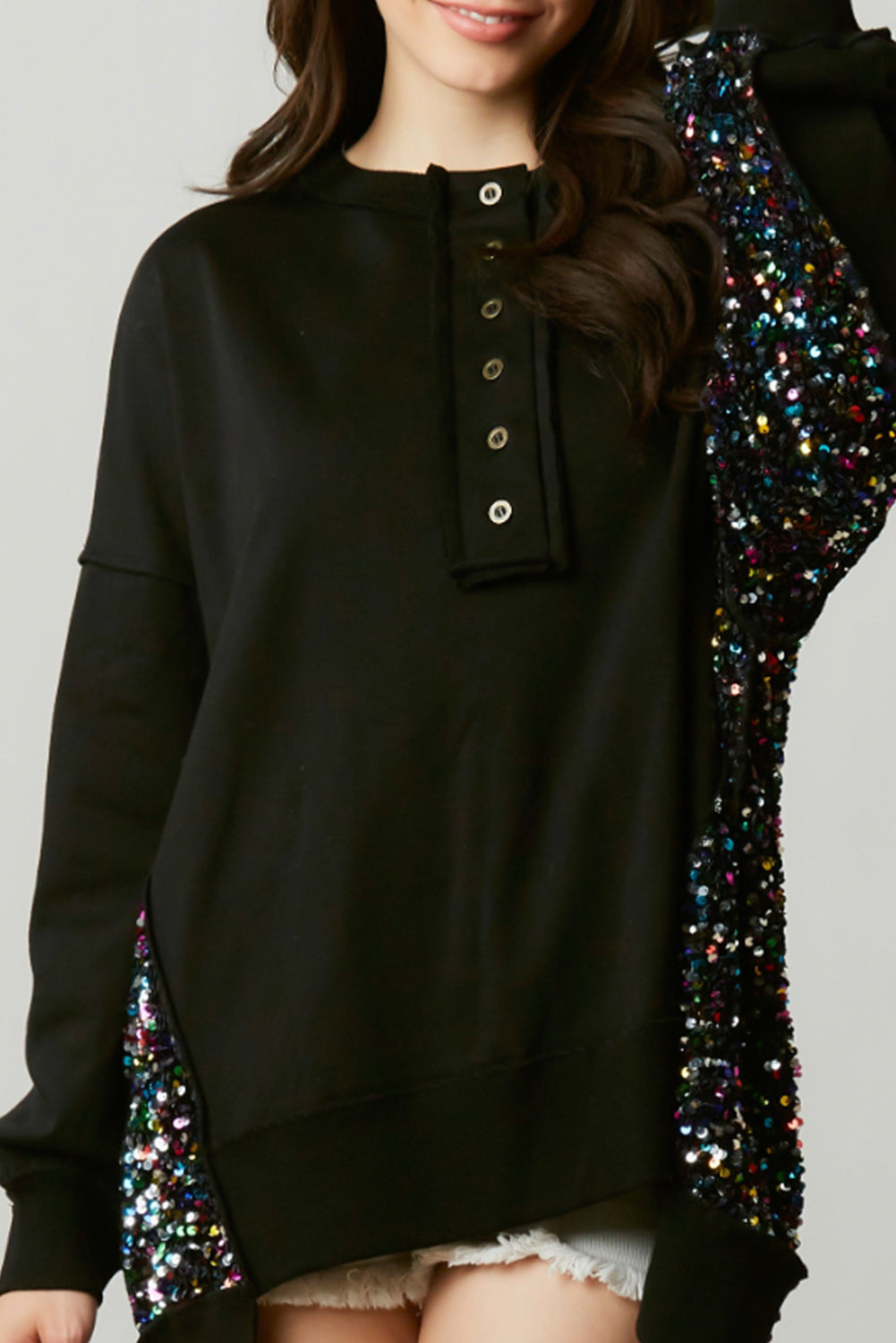 Lilac Sequin Patchwork High Low Hem Henley Sweatshirt