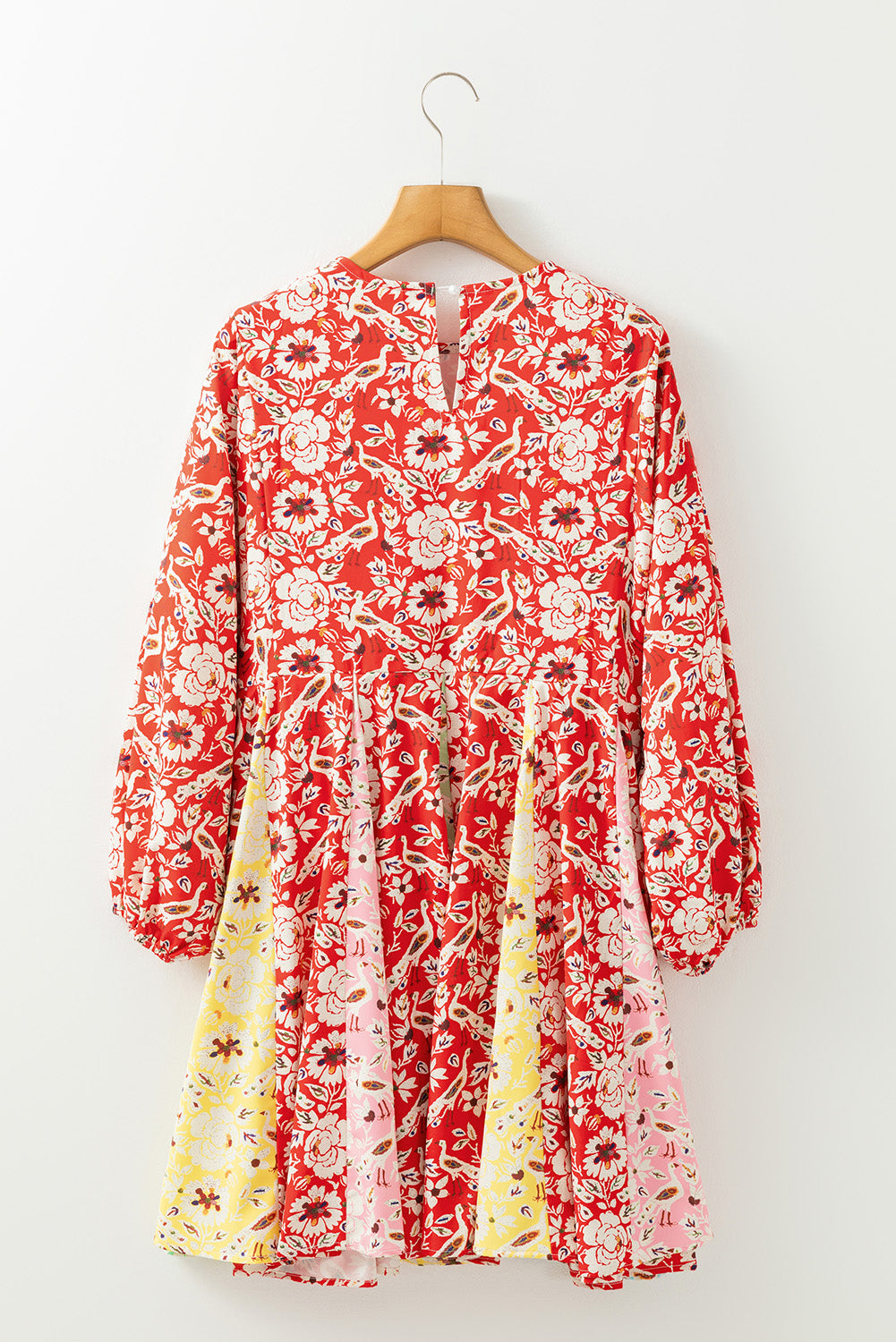 Rood kleurrijke bloemen patchwork lange mouw geplooide mini -jurk