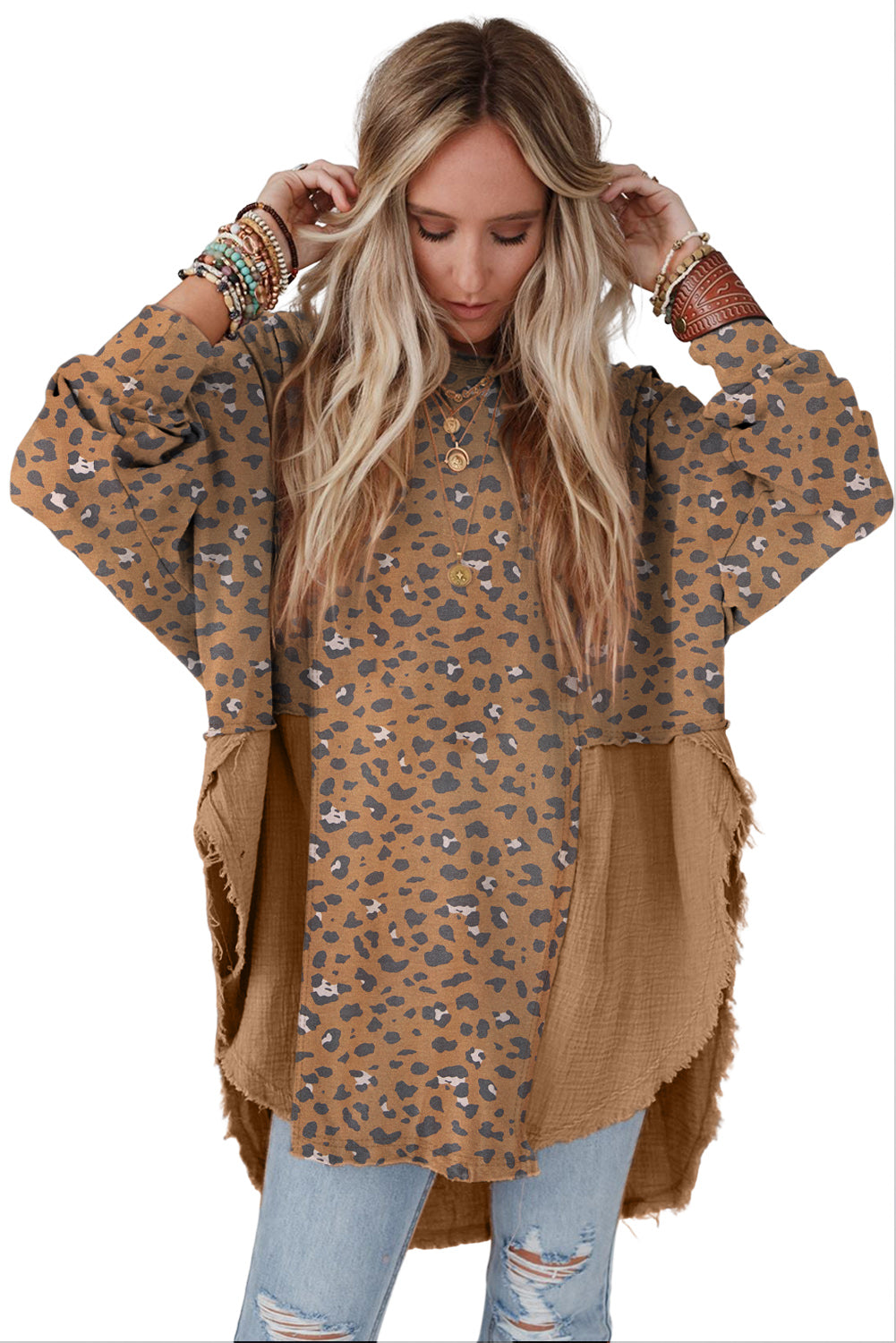 Bruin bedrukte ruwe rand luipaard patchwork oversized blouse