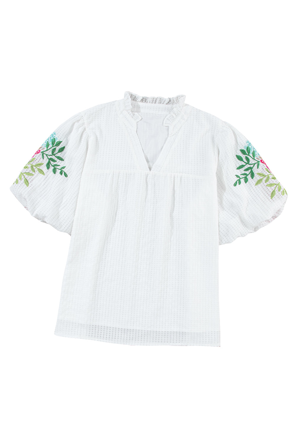 Witte bloemen geborduurde blouse met pofmouwen en ingekeepte hals