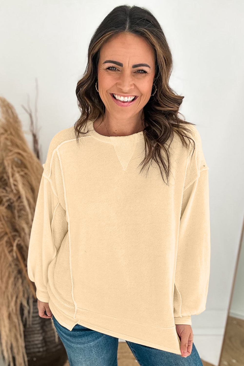 Beige Splicing Ronde Hals Pullover Sweatshirt