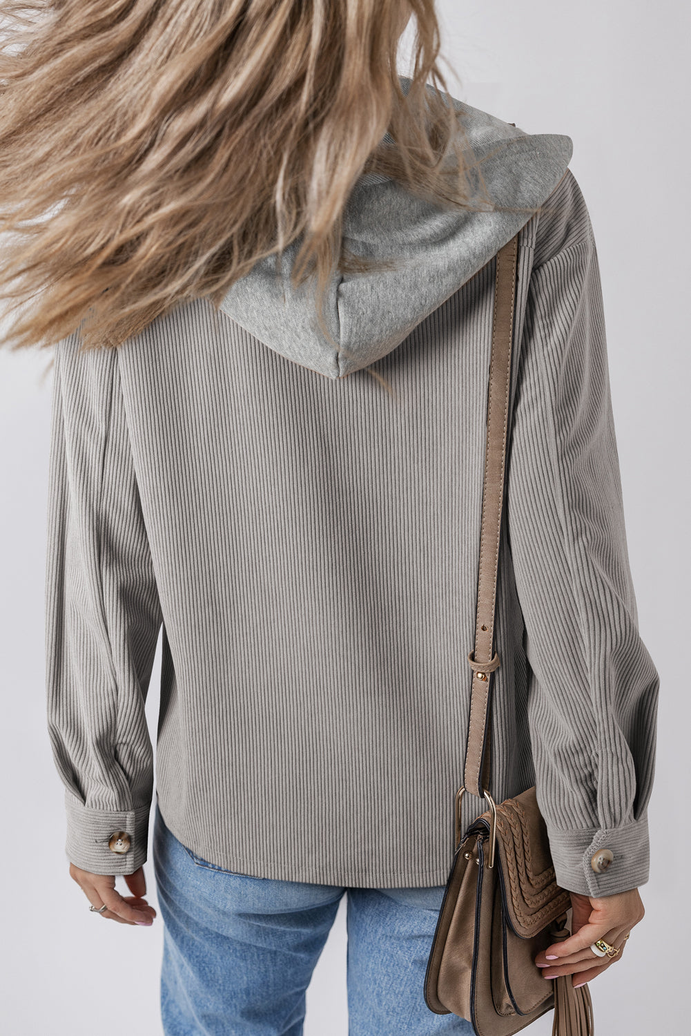 Lichtgrijze corduroy shacket met capuchon en trekkoordzakken