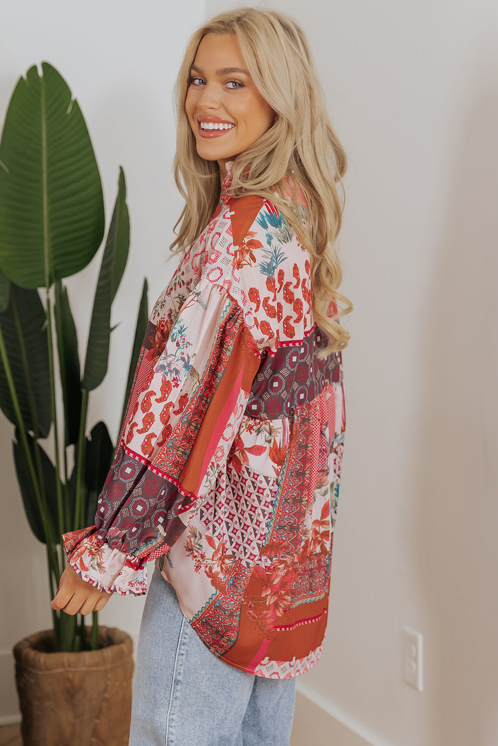 Rood Boho Geometrische gemengde print Patchwork Bubble Sleeve Shirt