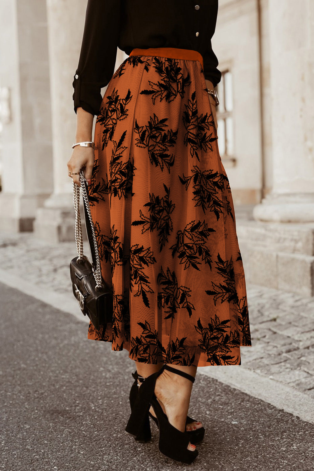 Gouden vlam bloemenbladeren geborduurd hoge taille maxi rok