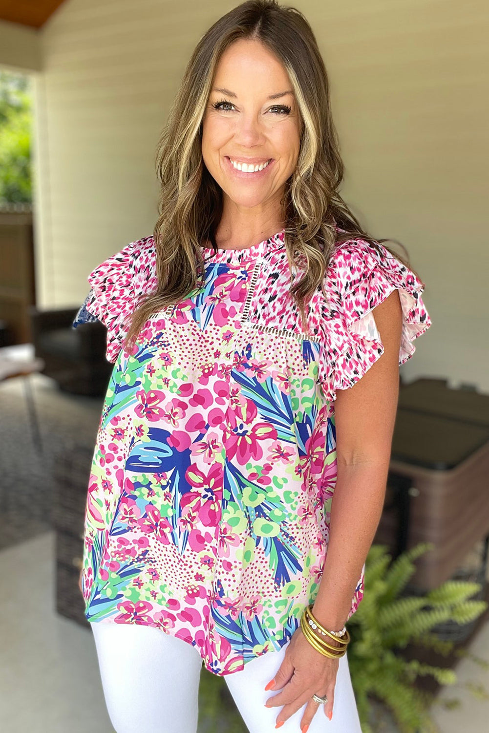Roze bloemen gemengde print ruches cap mouw blouse