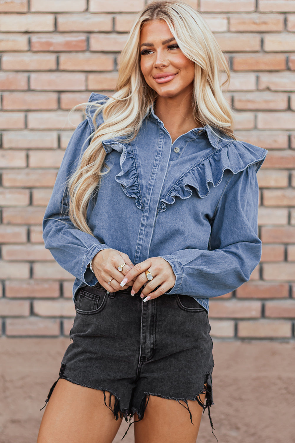 Dusk Blue Denim gegolfde casual top