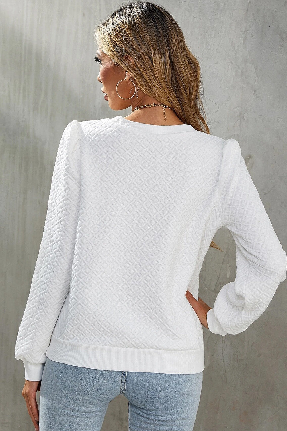 Witte textuur puff met lange mouw ronde nek top