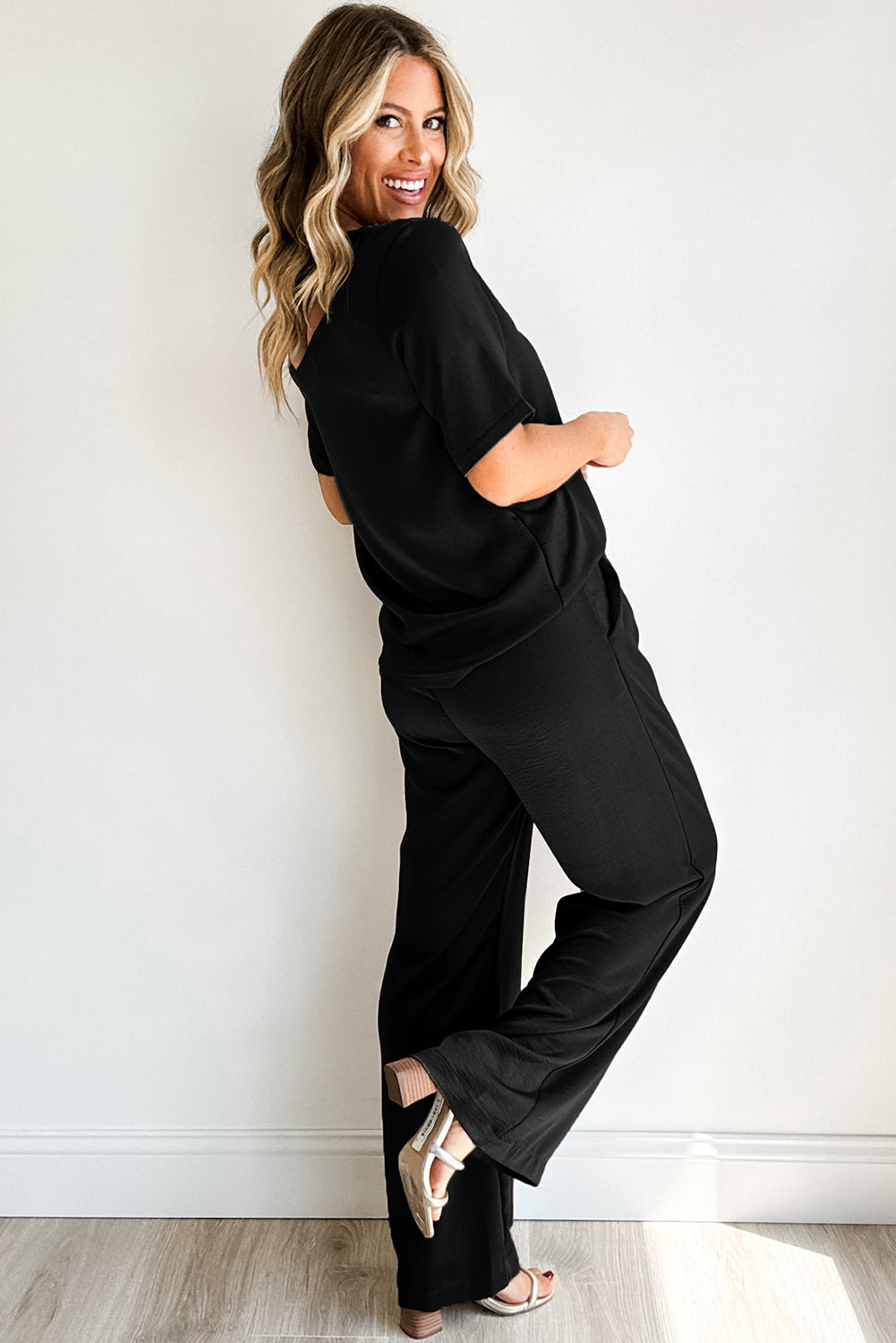 Zwart effen kleur T-shirt 2-delige broek met wijde pijpen