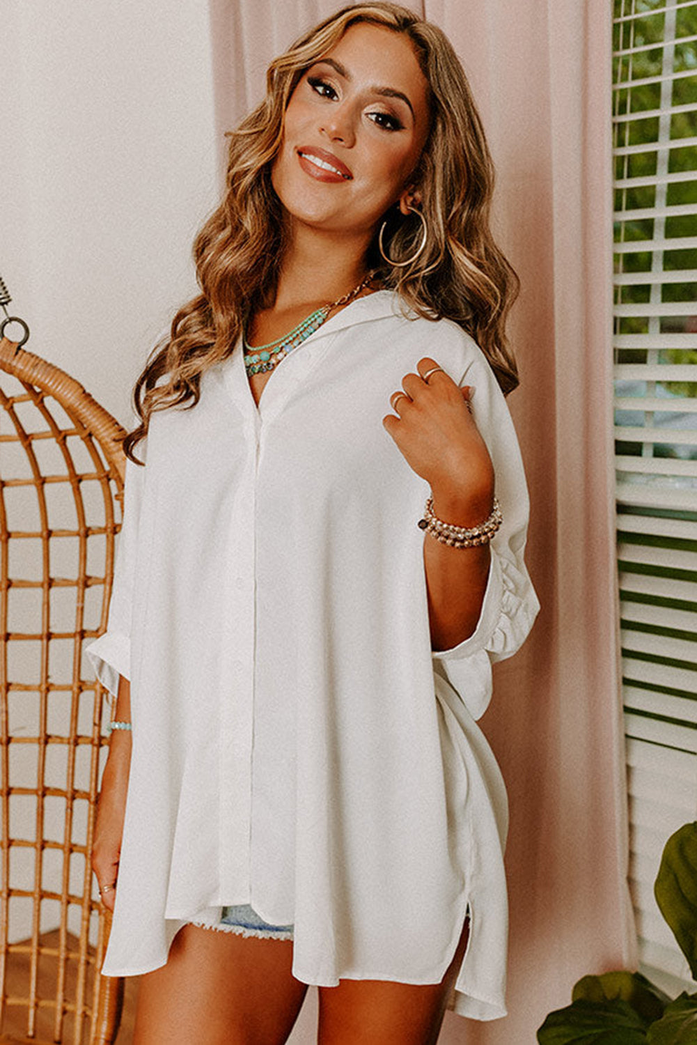 Wit oversized overhemd met 3/4 pofmouwen