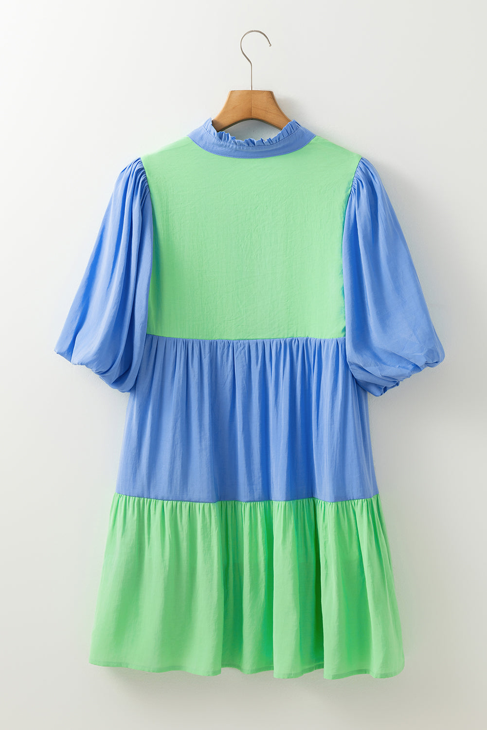 Donkerblauwe kleurblokklock frilled v necy puff halve mouw shift jurk