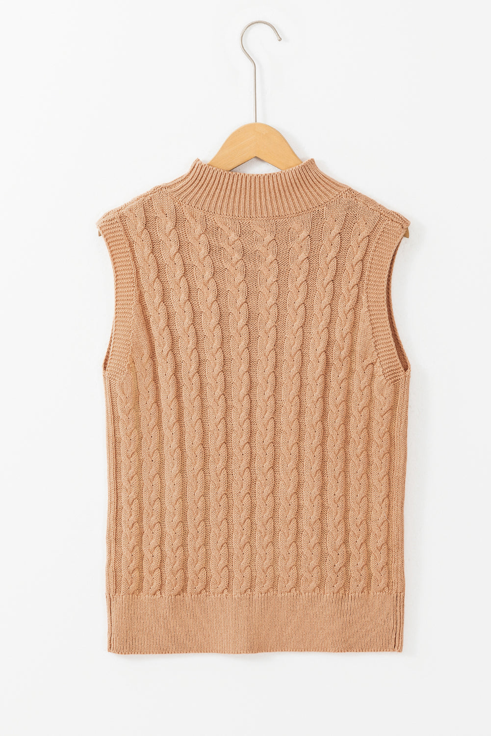 Licht Frans beige effen kabelgebreide tanktop met hoge hals