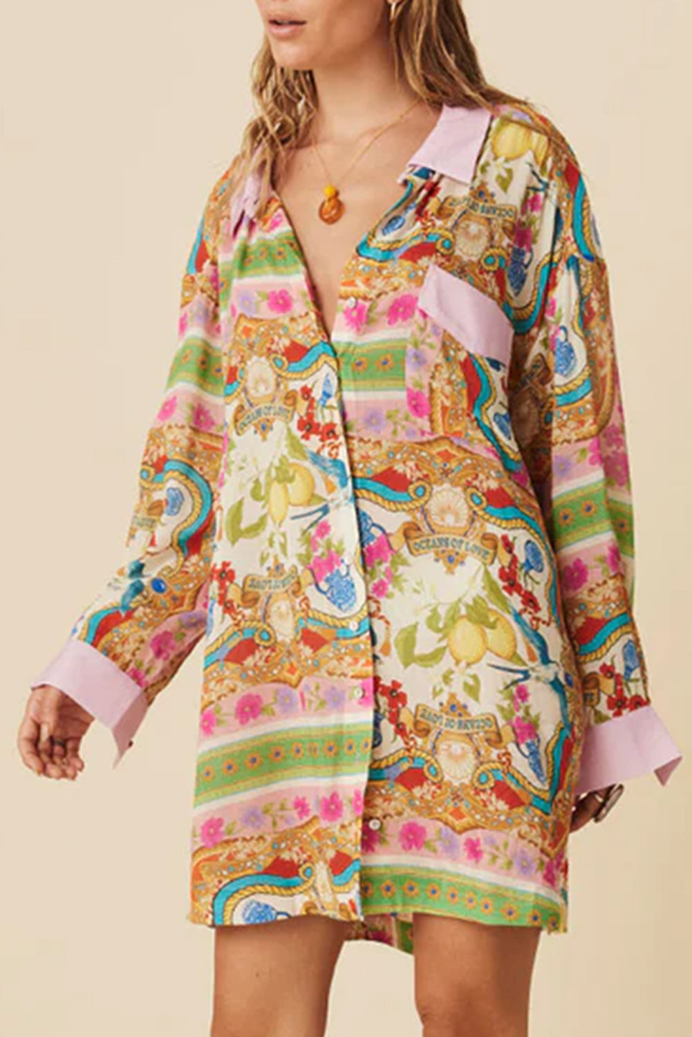 Multicolour boho bloemenprint geknoopte shirtjurk met lange mouwen