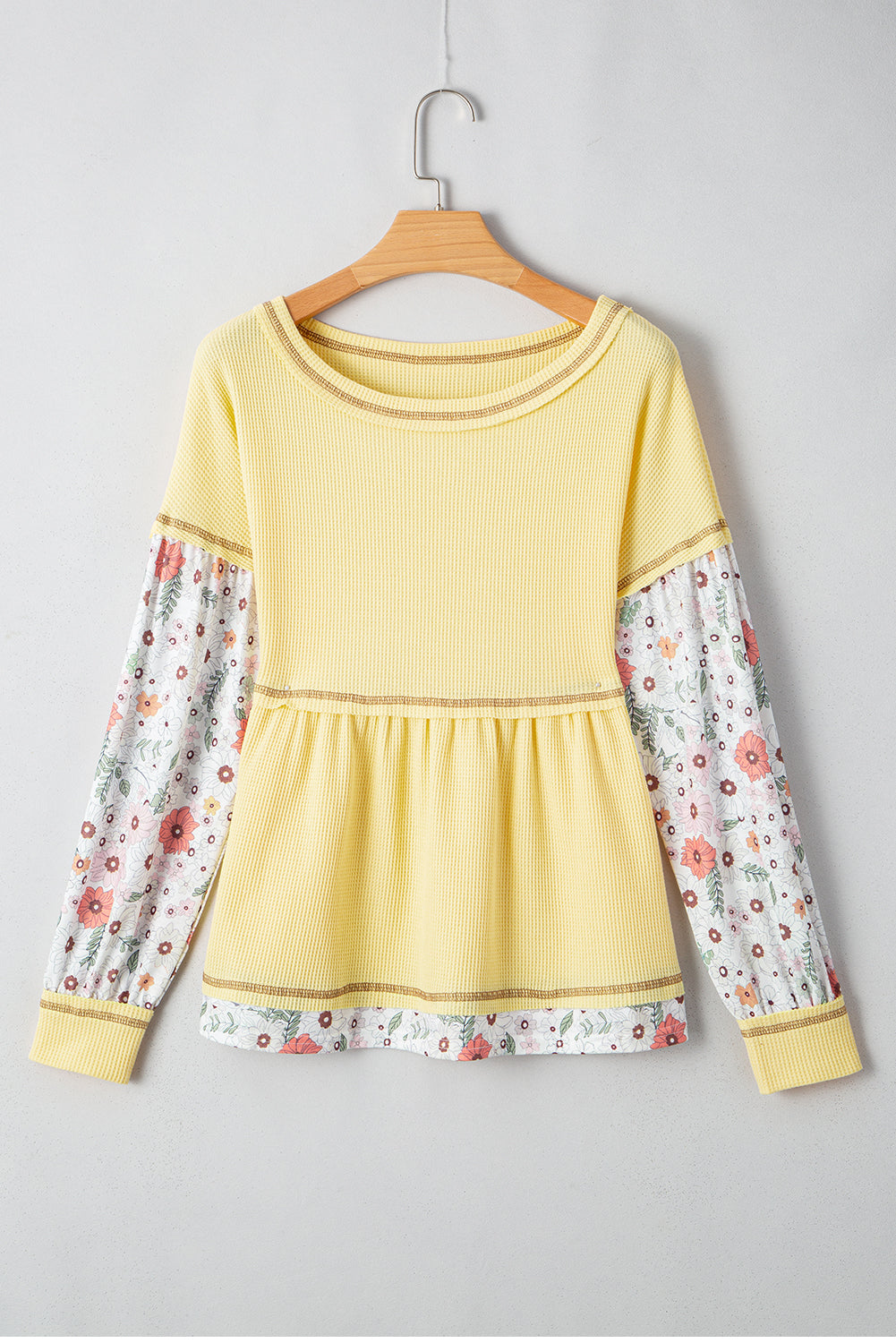 Geel bloemen patchwork wafelgebreide babydollblouse