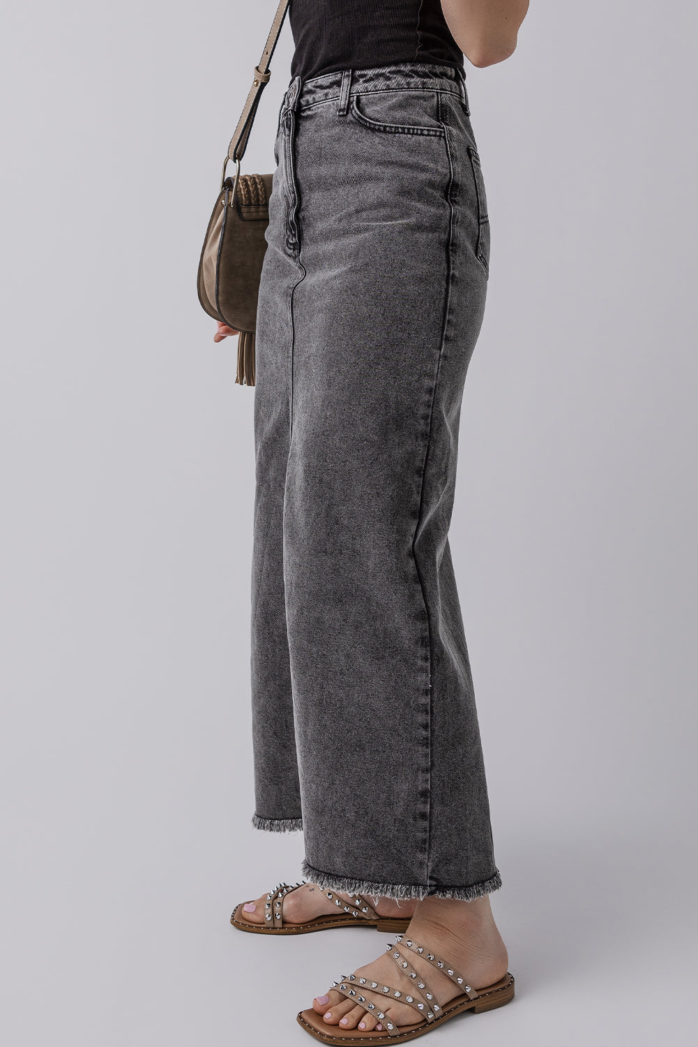 Donkergrijze denim rauwe terug split split hoge taille lange rok