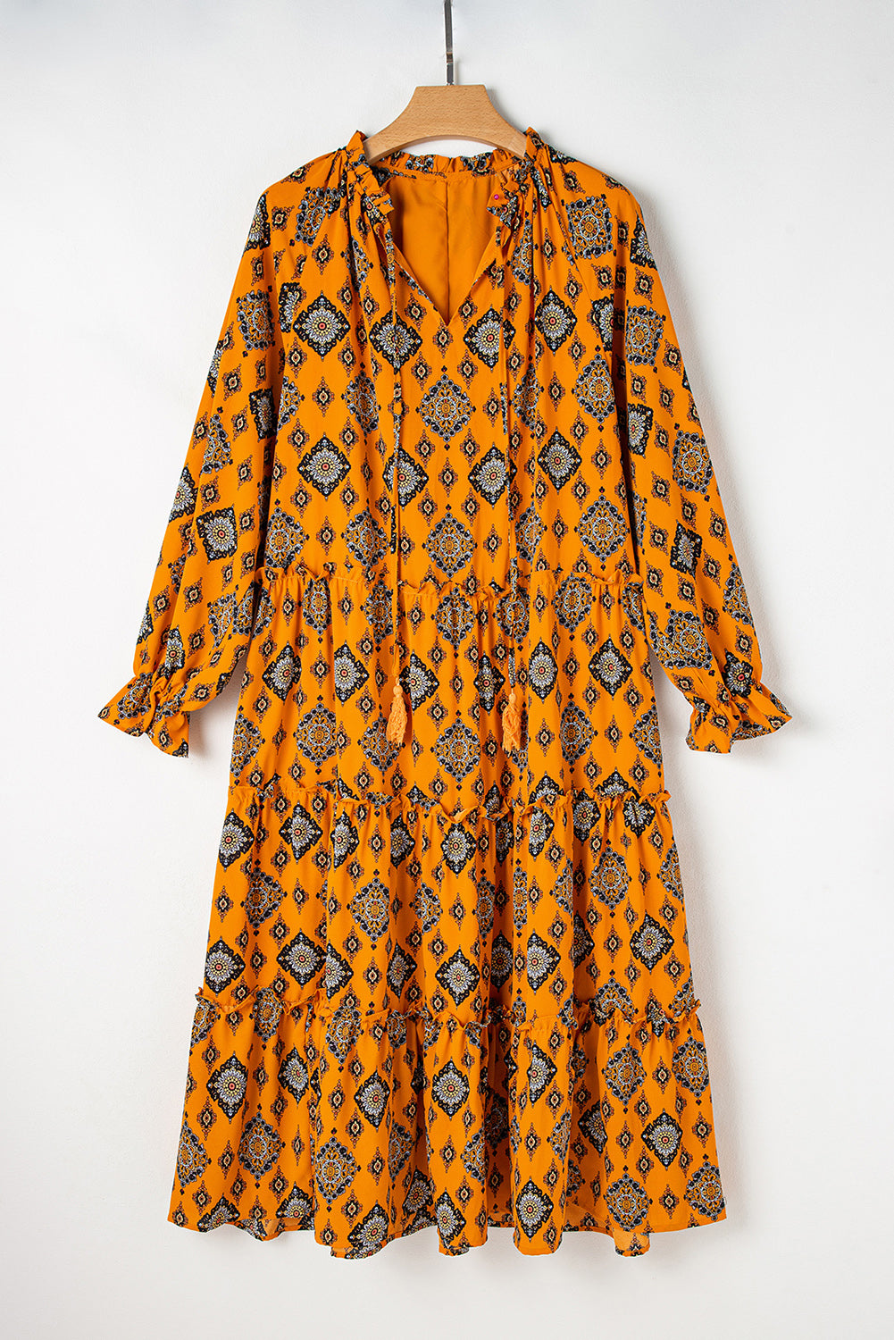 Oranje westerse geometrische print gelaagde frisdress los fit midi -jurk
