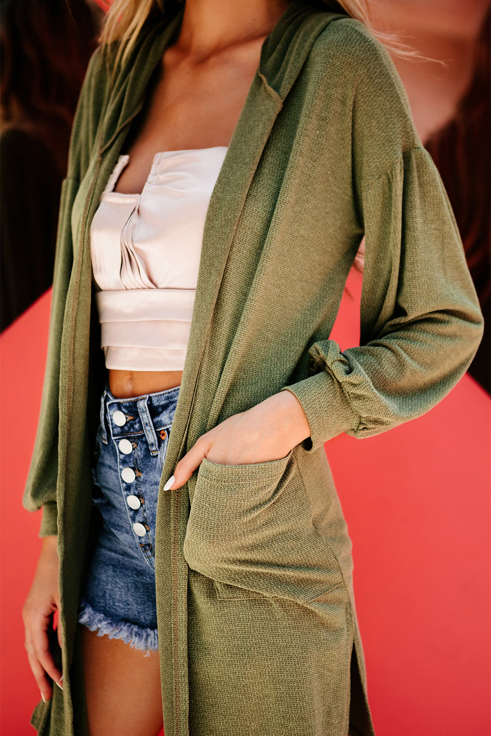 Guacamole Groene Capuchon Zijsplit Open Cardigan met Zak