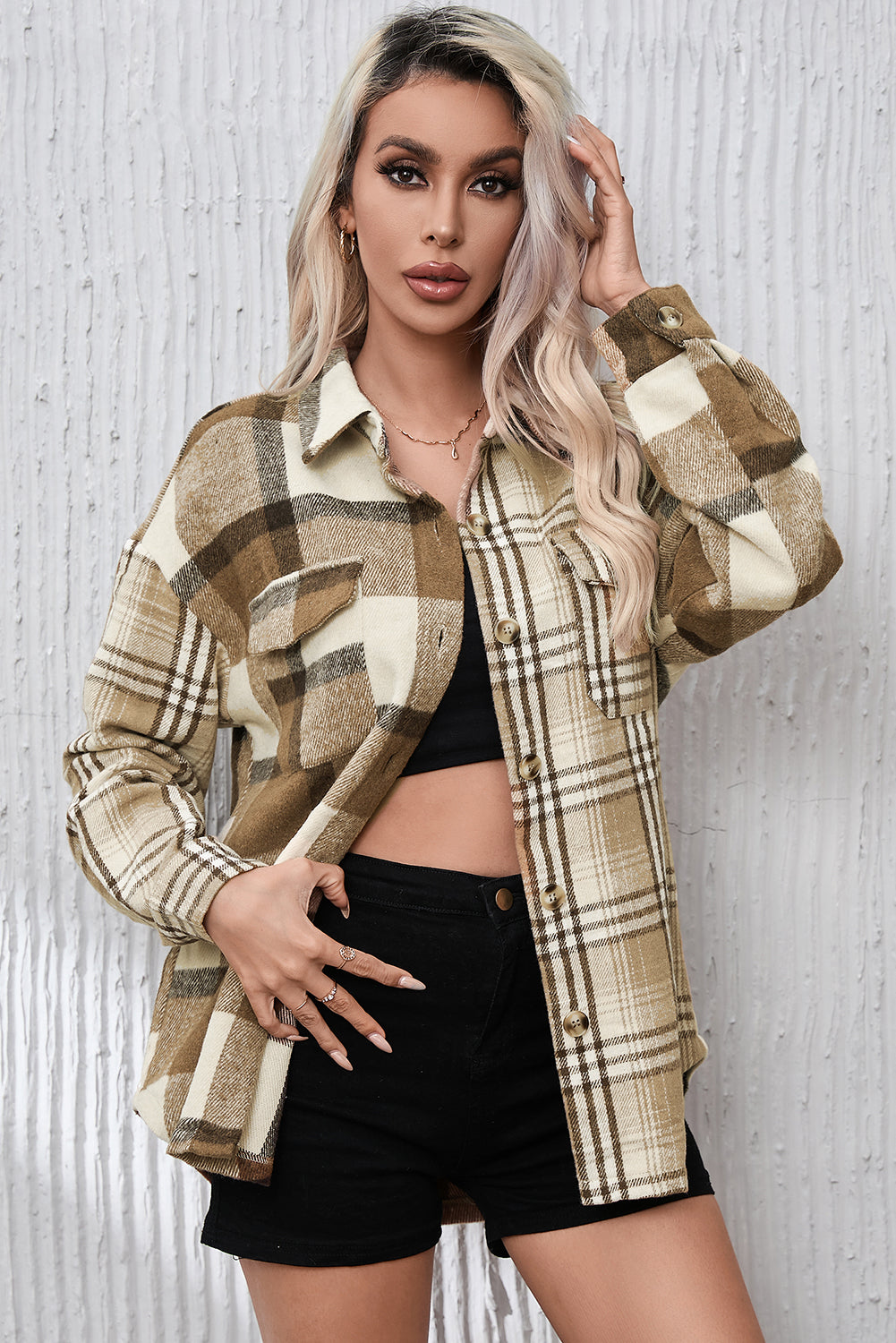 Perkament contrasterende geruite patchwork klepzak-shacket