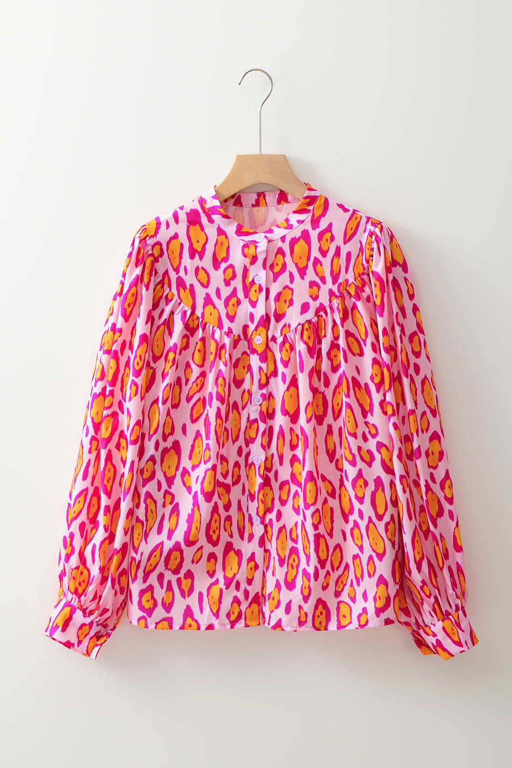 Rose Red Oversized Leopard Print Ballon Sleeve Casual Shirt