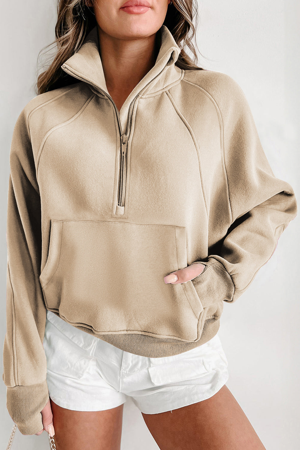 Smoke Green Fleece Lined Zip Up Stand Collar Thumbhole Sleeve Sweatshirt