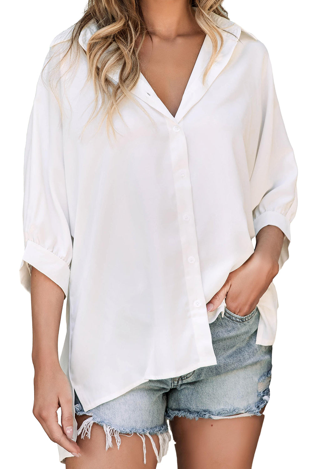 Wit oversized overhemd met 3/4 pofmouwen