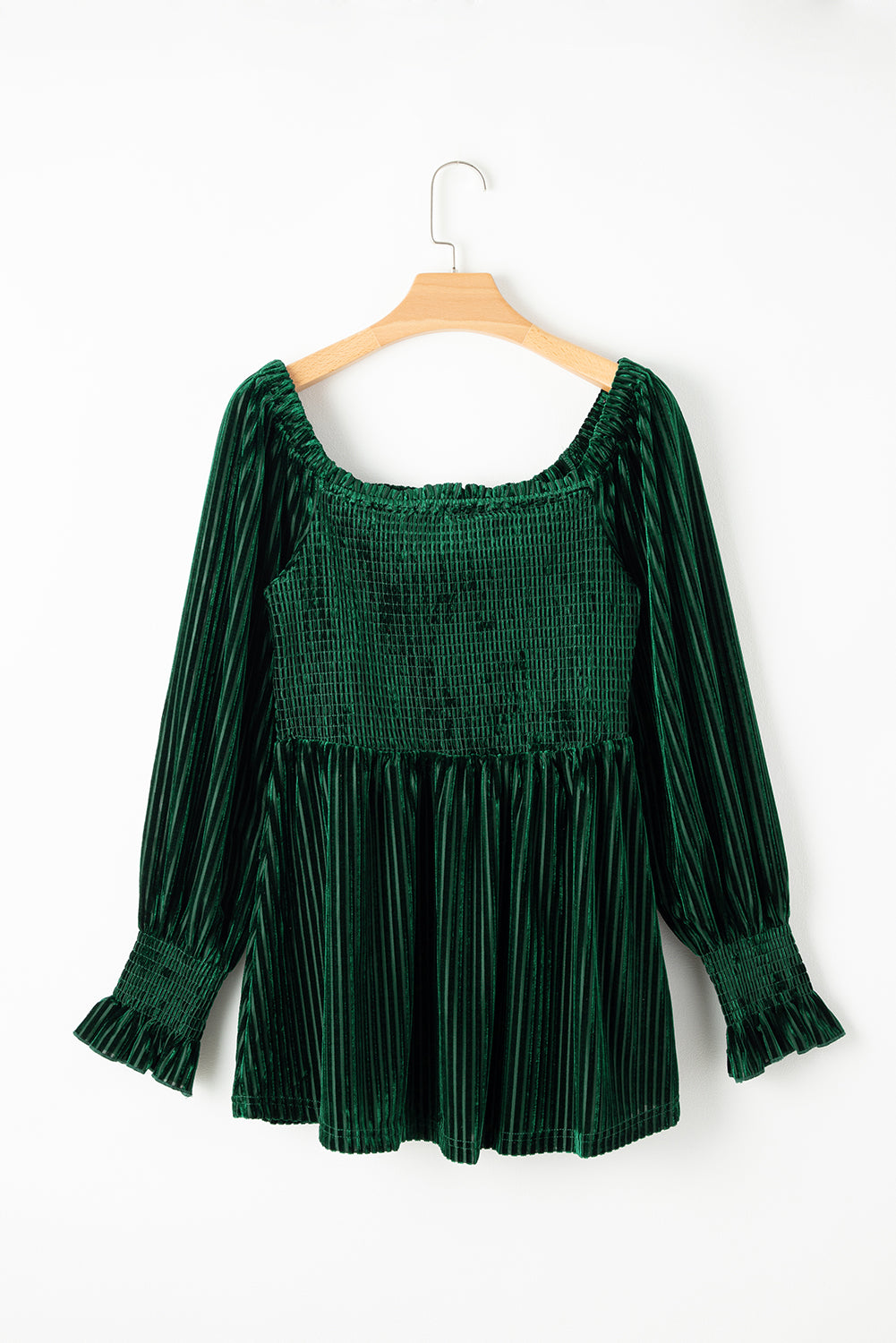 Zwartachtig groene gesmokte geribbelde fluwelen babydoll-top