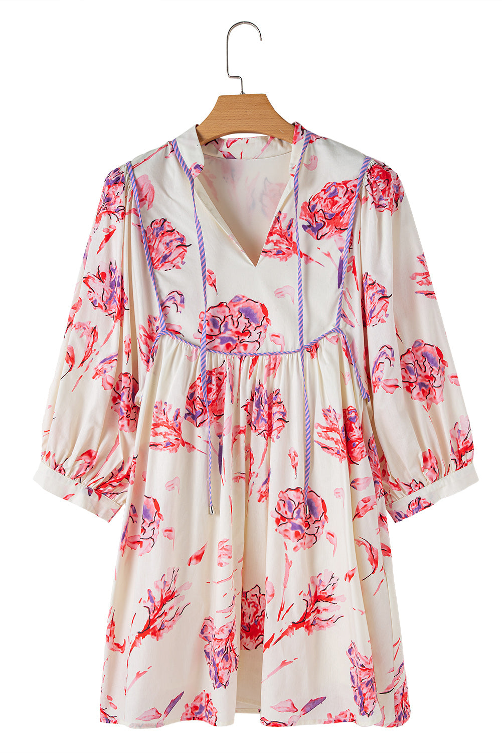 Roze bloemenprint ballon mouw v nek babydoll mini jurk
