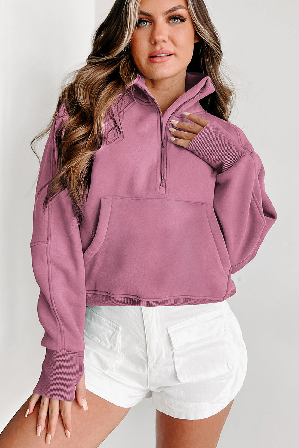 Smoke Green Fleece Lined Zip Up Stand Collar Thumbhole Sleeve Sweatshirt