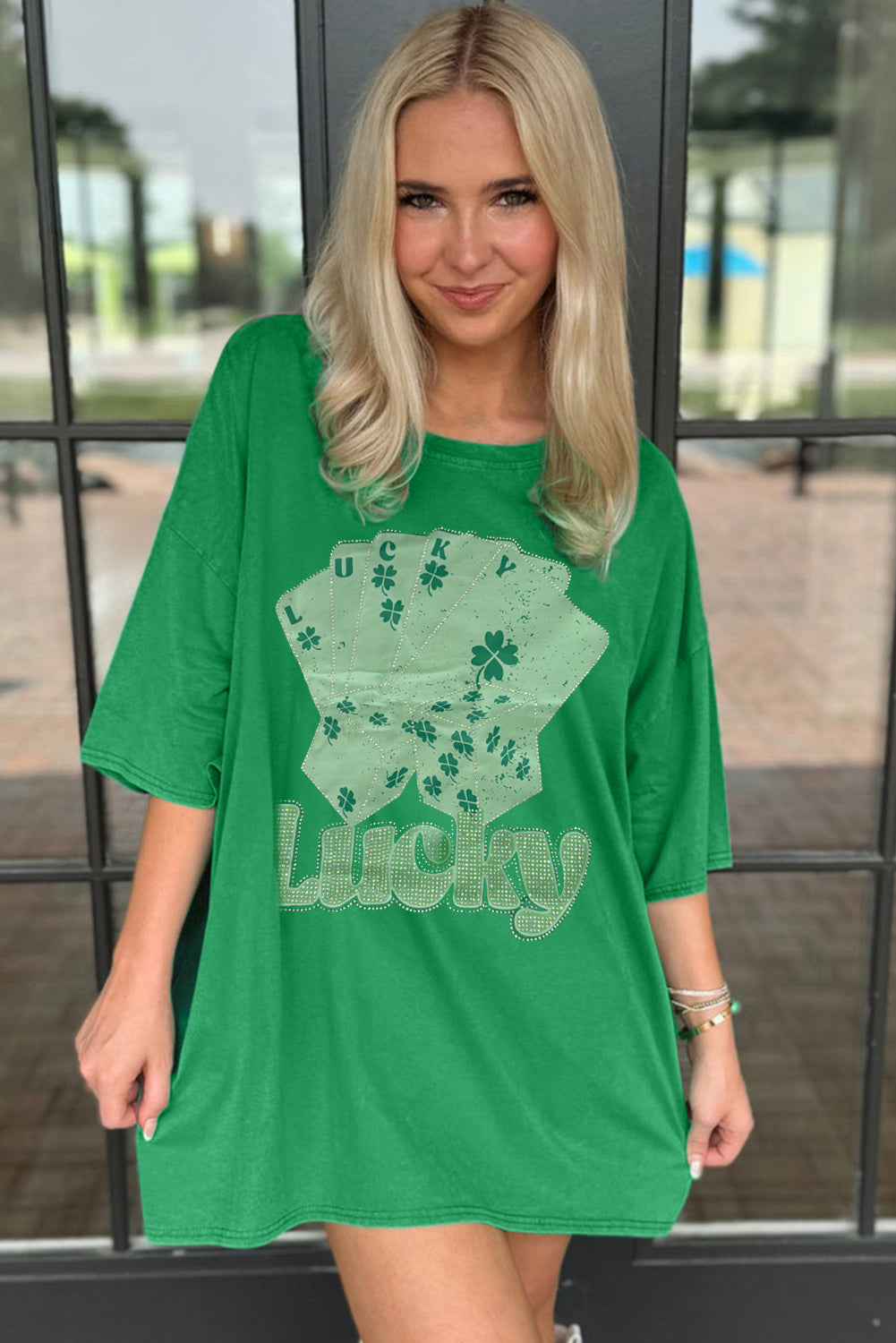 Bright Green Rhinestone Lucky Poker Cards extra grote T -shirt mini -jurk