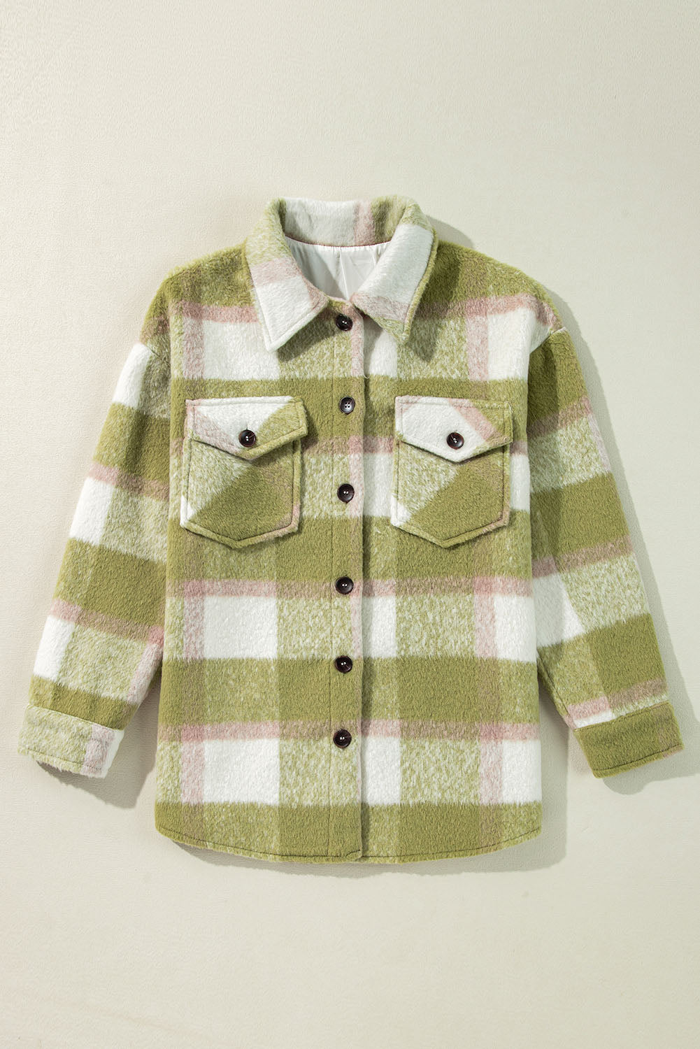 Saliegroene geruite print met klepzakken en knoopsluiting Baggy Shacket
