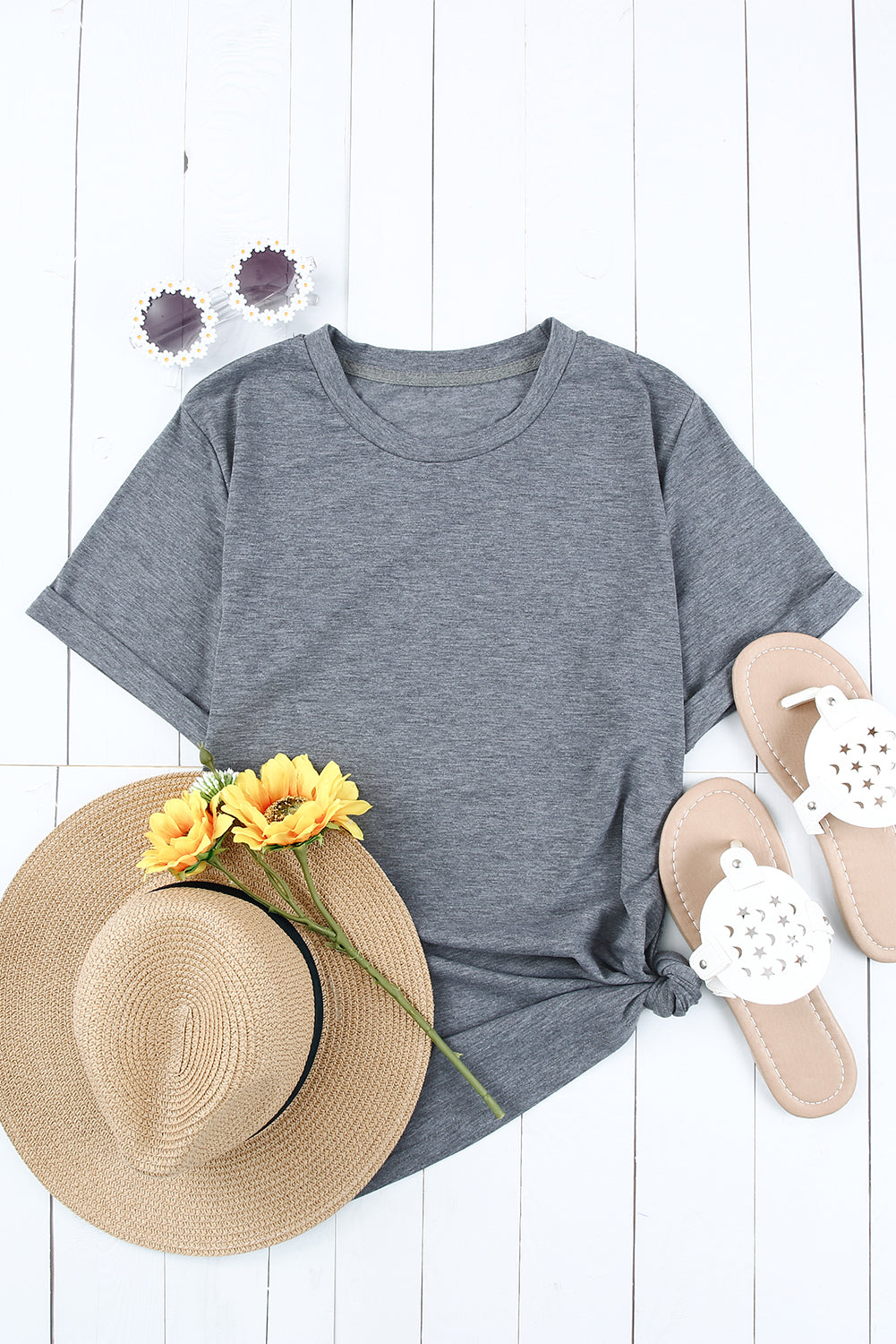 Grijs effen T-shirt met ronde hals