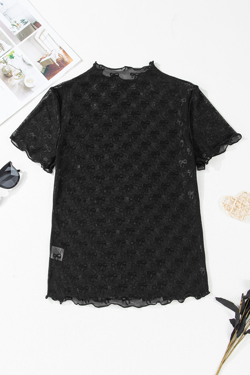 Black Bowknot Sheer Mesh Mock Neck Settuce Trim Short Sleeve Top