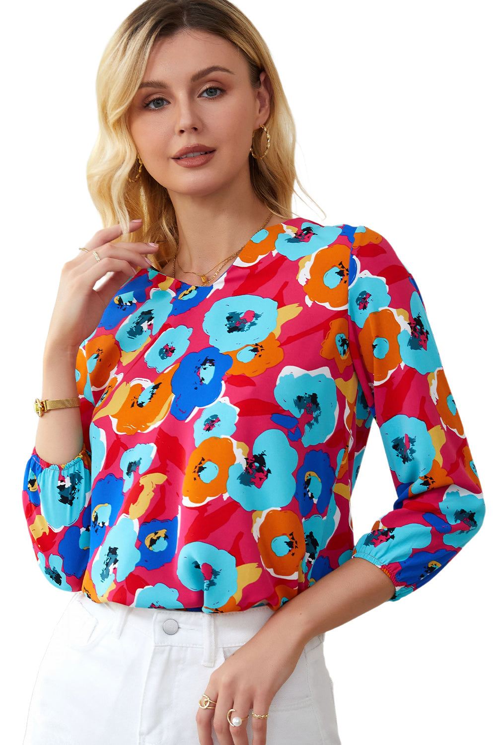 Roze veelkleurige blouse met V-hals en 3/4 mouwen met bloemenprint