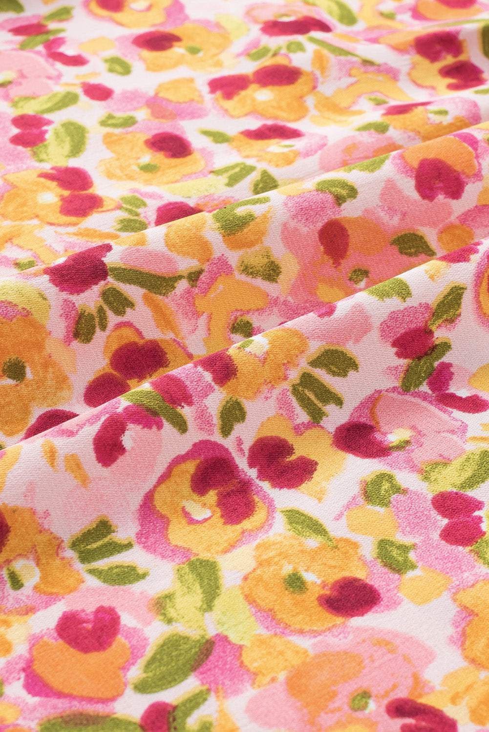 Oranje Boho bloemen ruches korte mouw franje mock hals blouse