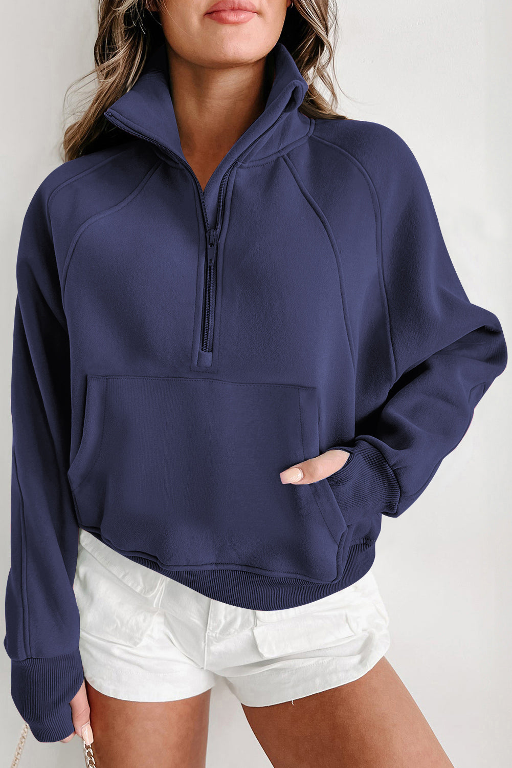 Smoke Green Fleece Lined Zip Up Stand Collar Thumbhole Sleeve Sweatshirt