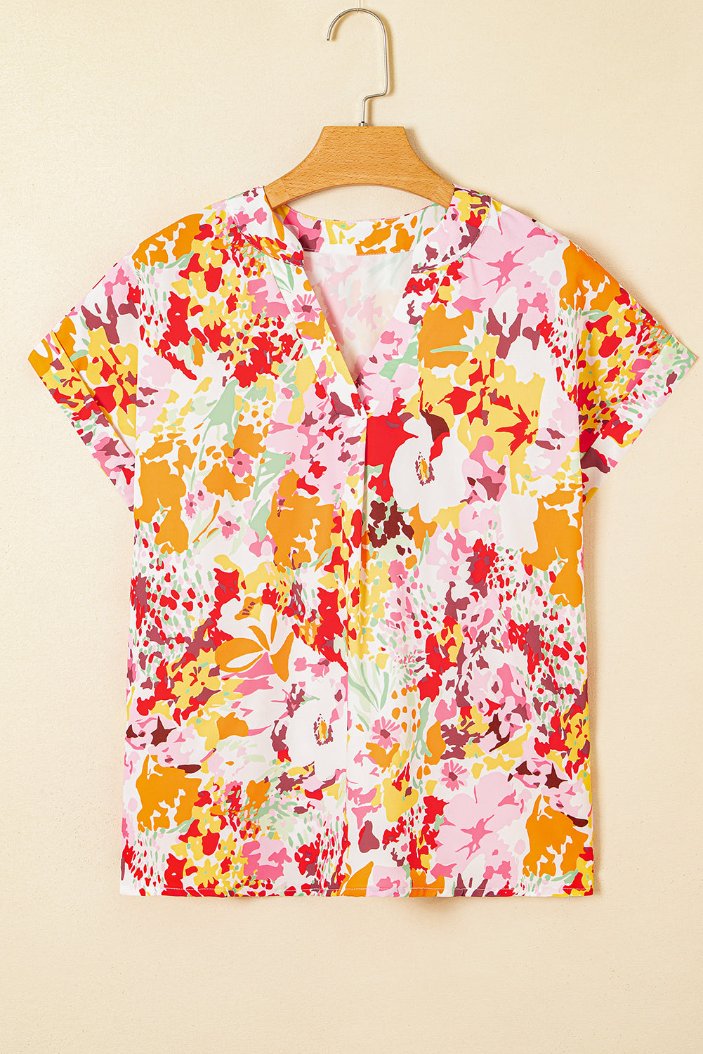 Witte Boho bloemenprint top met V-hals en korte mouwen