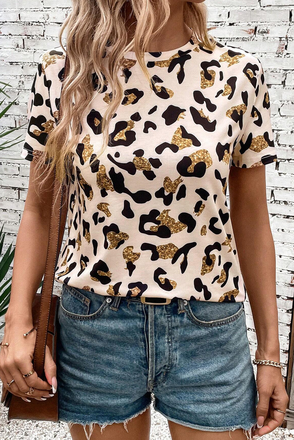 Abrikoos luipaard afdruk ronde nek casual t -shirt