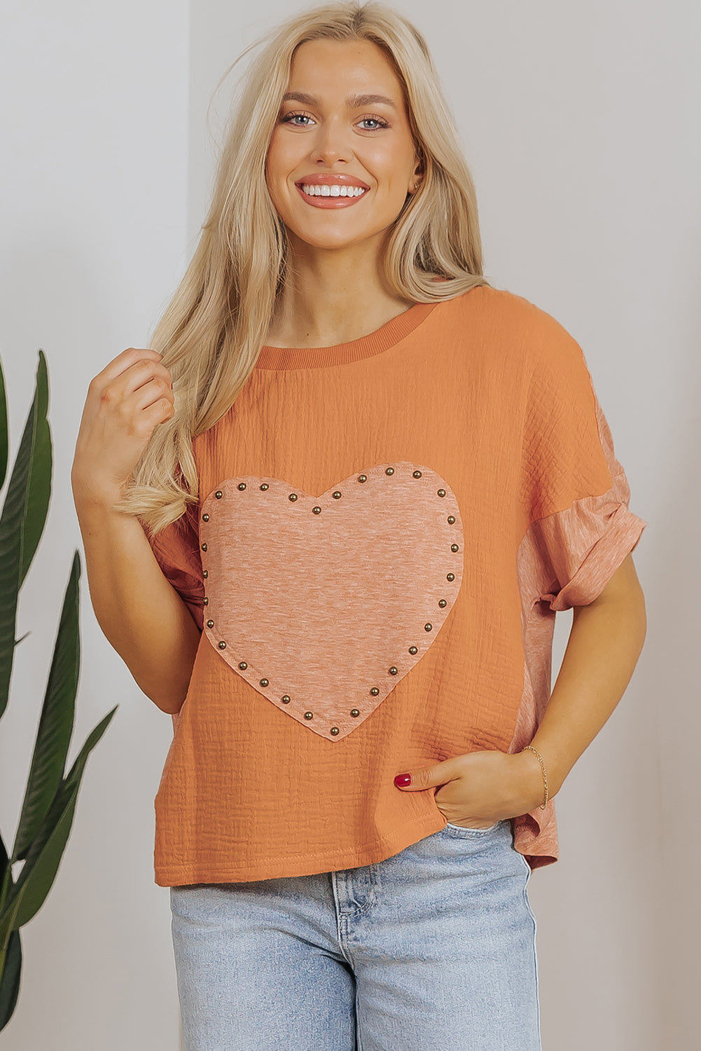 Desert Gold Stud Heart Patch getextureerde front Dolman top